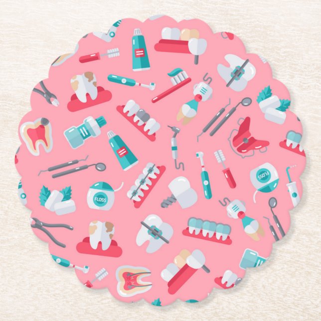 Pink Dental Pattern Paper Coaster (Front)