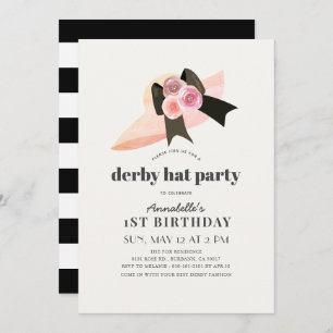 Pink Derby Hat Rose 1st Birthday Party Invitation