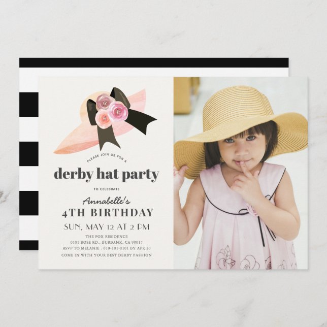 Pink Derby Hat Rose 1st Birthday Party Photo Invit Invitation (Front/Back)