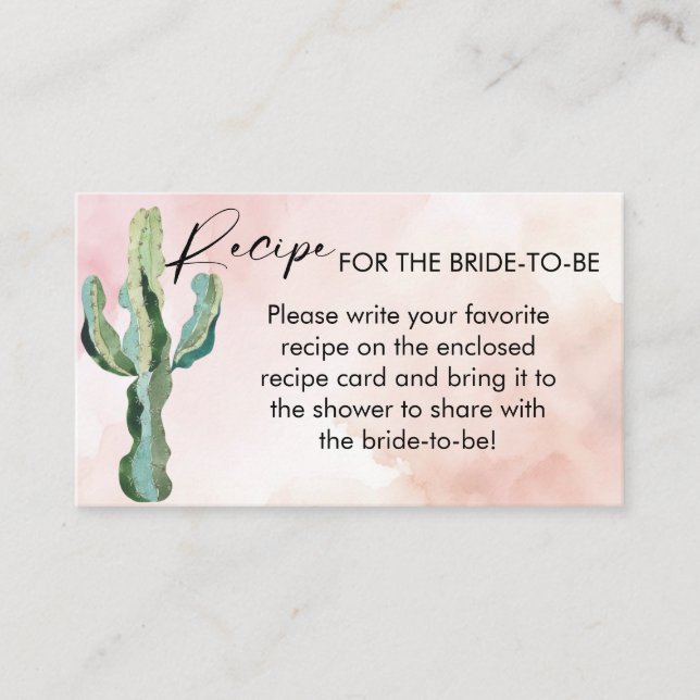Pink Desert Green Cactus Bridal Shower Recipe Enclosure Card (Front)