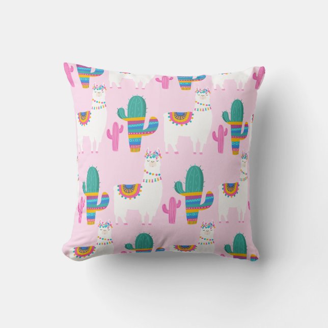 Pink Desert Llama and Cactus Nursery Throw Pillow (Front)