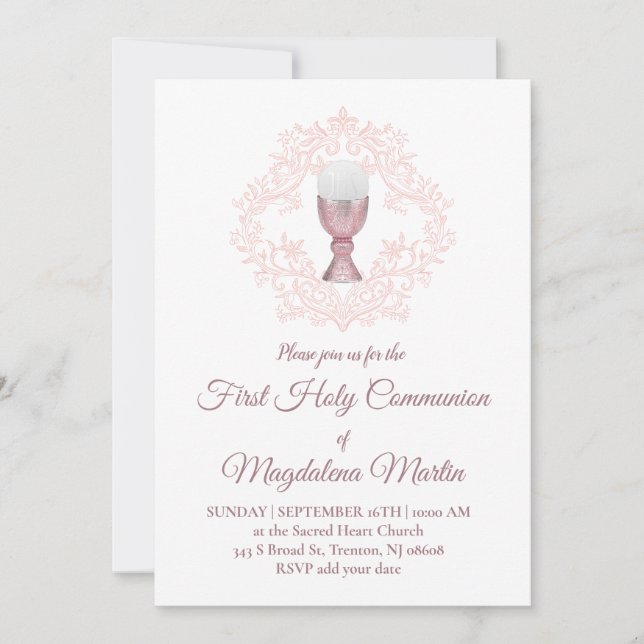 pink design First Communion girl Invitation (Front)