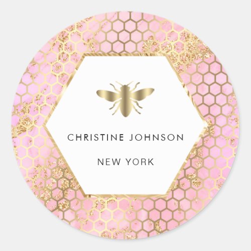 pink design hexagon bee logo classic round sticker