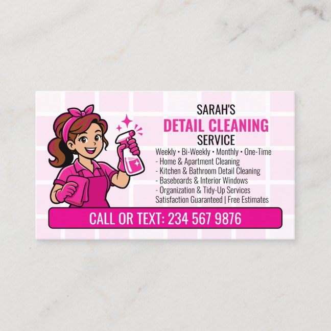 Pink Detail Cleaning QR Cartoon Maid Business Card