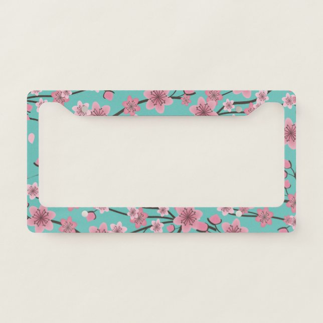 Pink Detailed Cherry Blossom Tree Teal License Plate Frame (Front)