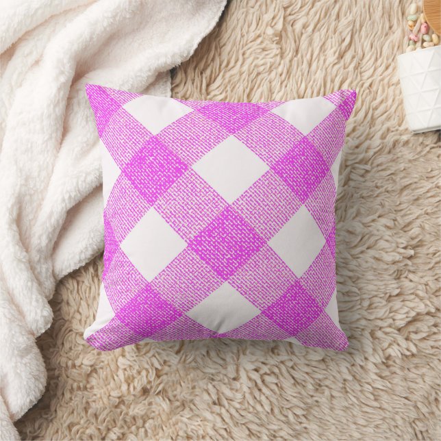 Pink Diagonal Buffalo Checkered Throw Pillow (Blanket)