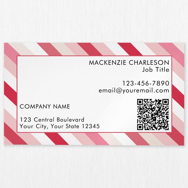 Pink Diagonal Candy Stripe QR Code Business Card Magnet (Pink diagonal candy stripe pattern custom business card magnet with QR code)