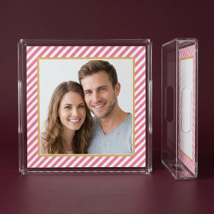 Pink Diagonal Stripe Photo Frame Acrylic Tray