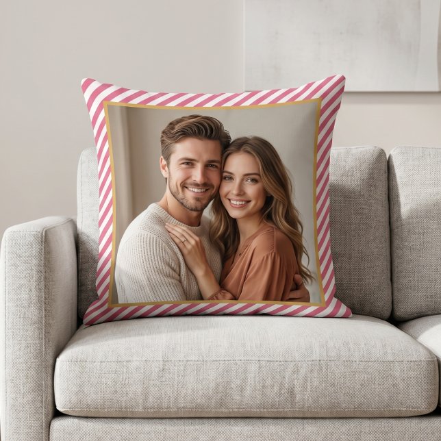 Pink Diagonal Stripe Photo Frame Throw Pillow (Creator Uploaded)