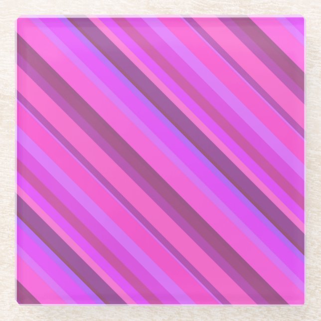 Pink diagonal stripes glass coaster (Front)
