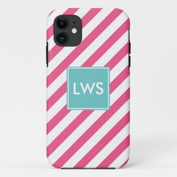 Pink Diagonal Stripes Monogram Iphone 11 Case by heartlockedcases at Zazzle