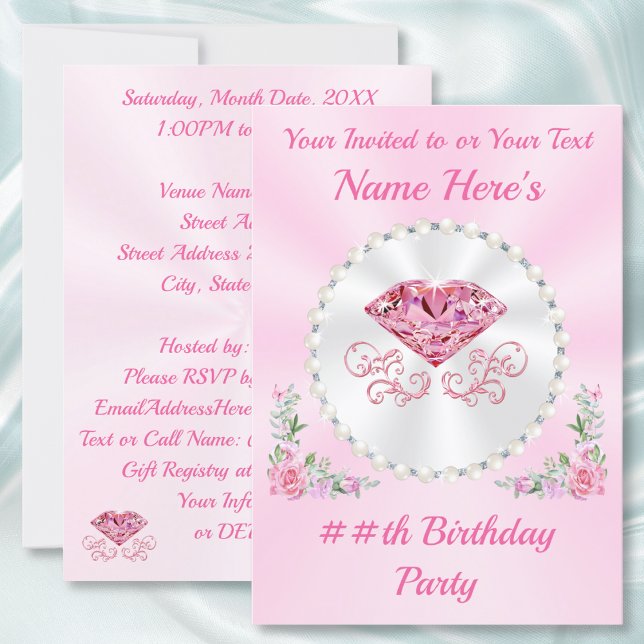 Pink, Diamond and Pearls Birthday Invitations,  Invitation (Personalised Birthday Invitations for her, mum, daughter, grandmother. 30 year birthday invitations.)