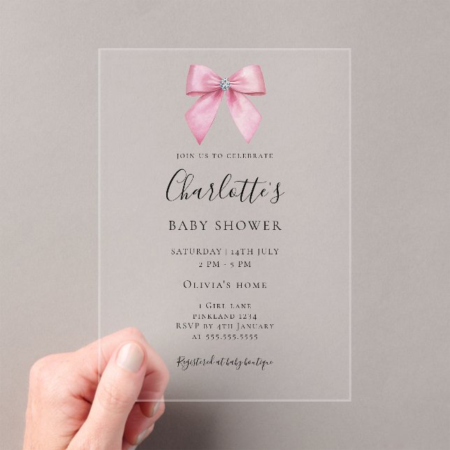 Pink Diamond Bow Girl Baby Shower  Acrylic Invitations (Insitu (Handheld))