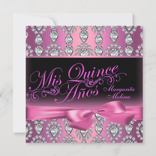 Pink Diamond & Bow Quinceanera Invitation (Front)