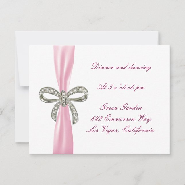 Pink Diamond Bow Wedding Reception Card (Front)