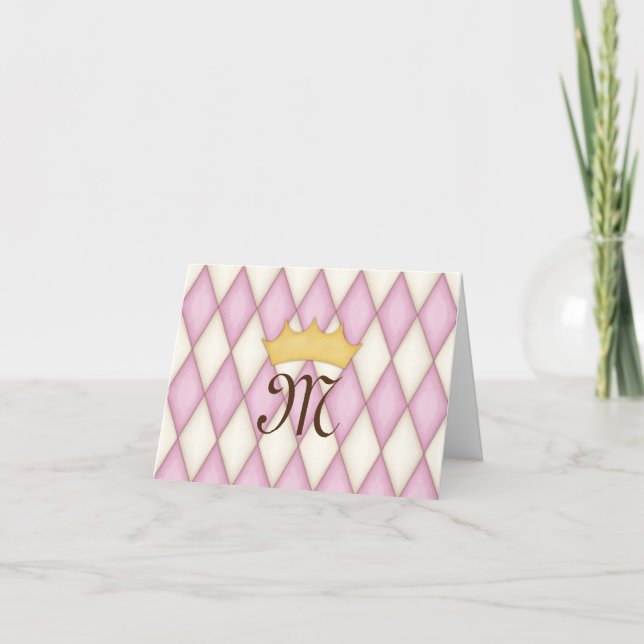 Pink Diamond Check Crowned Monogram Princess Letterpress Thank You Card (Front)
