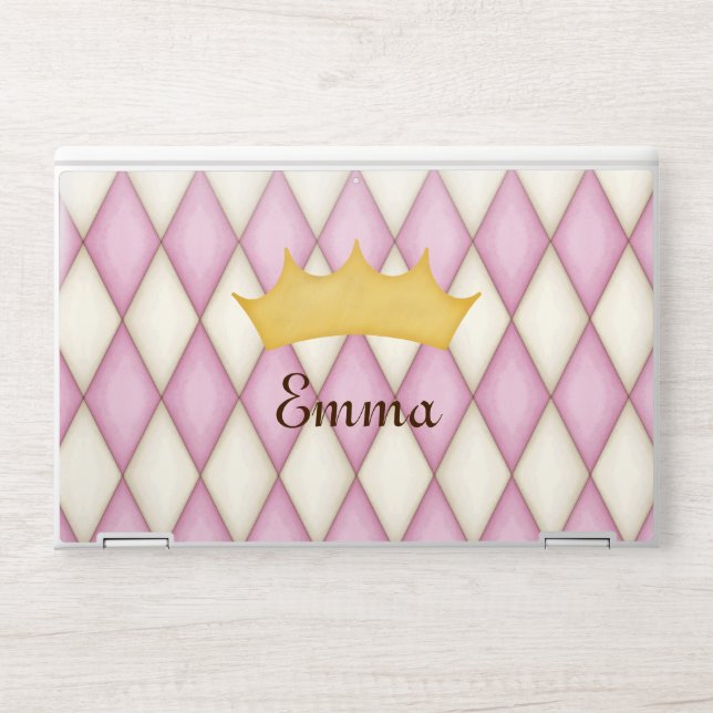 Pink Diamond Check Personalized Name Princess HP Laptop Skin (Front)