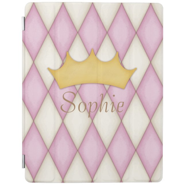 Pink Diamond Check Personalized Name Princess iPad Smart Cover (Front)