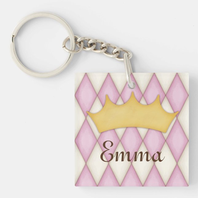 Pink Diamond Check Personalized Name Princess Keychain (Front)