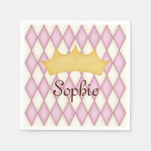 Pink Diamond Check Personalized Name Princess Napkins