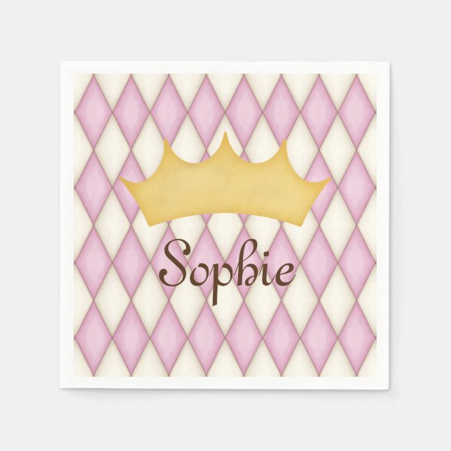 Pink Diamond Check Personalized Name Princess Napkins (Front)