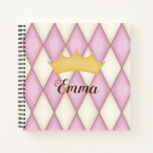 Pink Diamond Check Personalized Name Princess Notebook