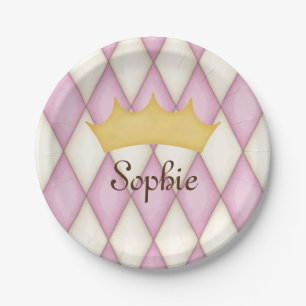 Pink Diamond Check Personalized Name Princess Paper Plates