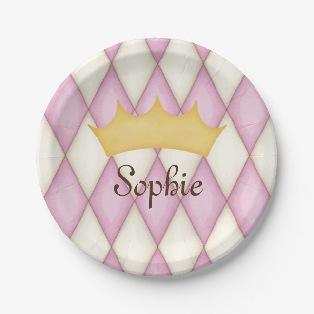 Pink Diamond Check Personalized Name Princess Paper Plates (Front)