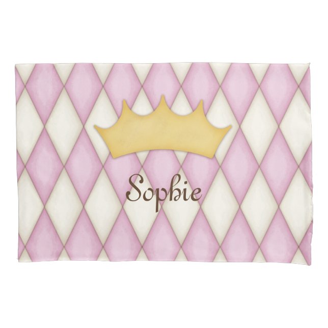 Pink Diamond Check Personalized Name Princess Pillow Case (Front)