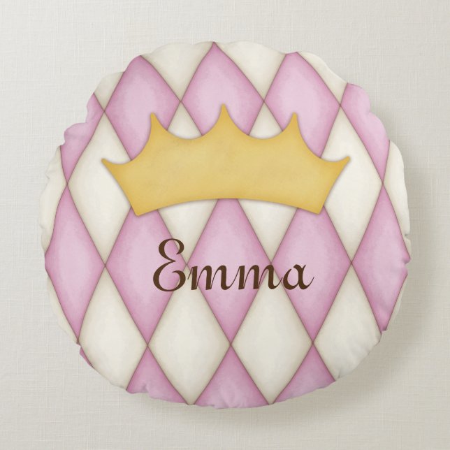 Pink Diamond Check Personalized Name Princess Round Pillow (Front)