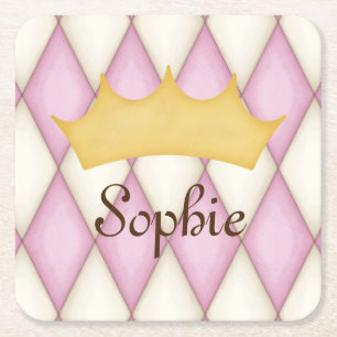 Pink Diamond Check Personalized Name Princess Square Paper Coaster