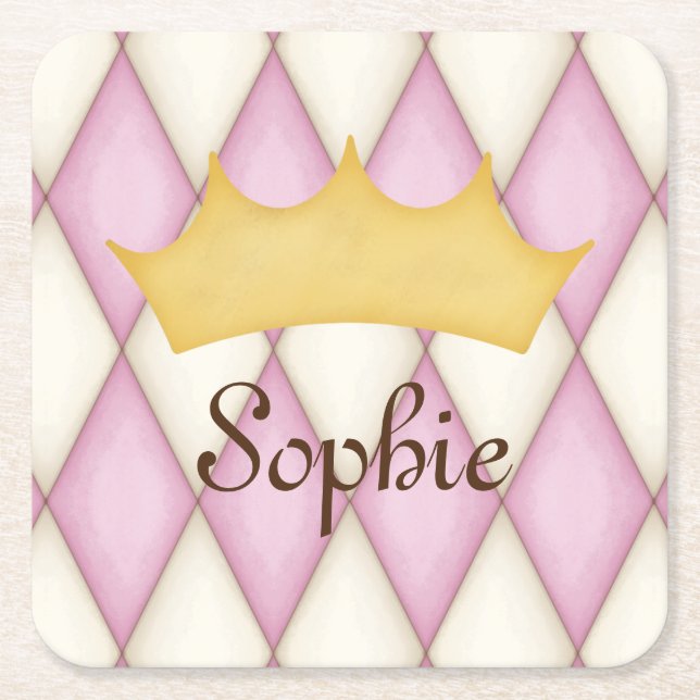 Pink Diamond Check Personalized Name Princess Square Paper Coaster (Front)