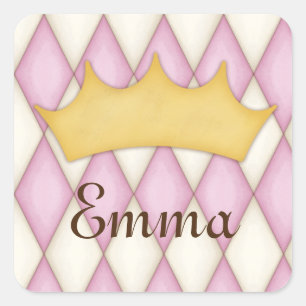 Pink Diamond Check Personalized Name Princess Square Sticker