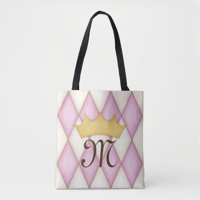 Pink Diamond Check Personalized Name Princess Tote Bag (Front)