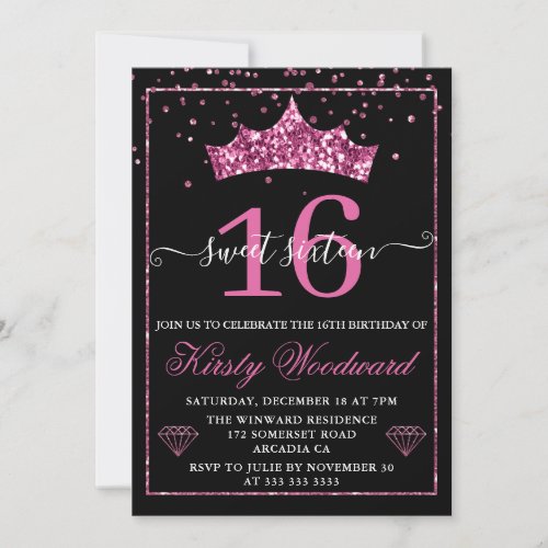 Pink Diamond Confetti Tiara Sweet 16 Invitation