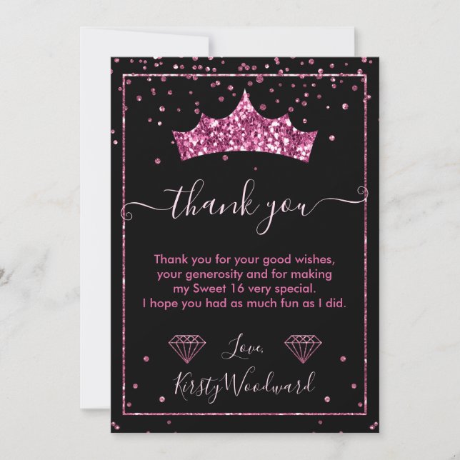 Pink Diamond Confetti Tiara Sweet 16 Thank You Card (Front)