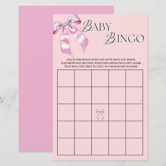 Pink Diamond Coquette Bow Baby Shower Bingo  (Front/Back)