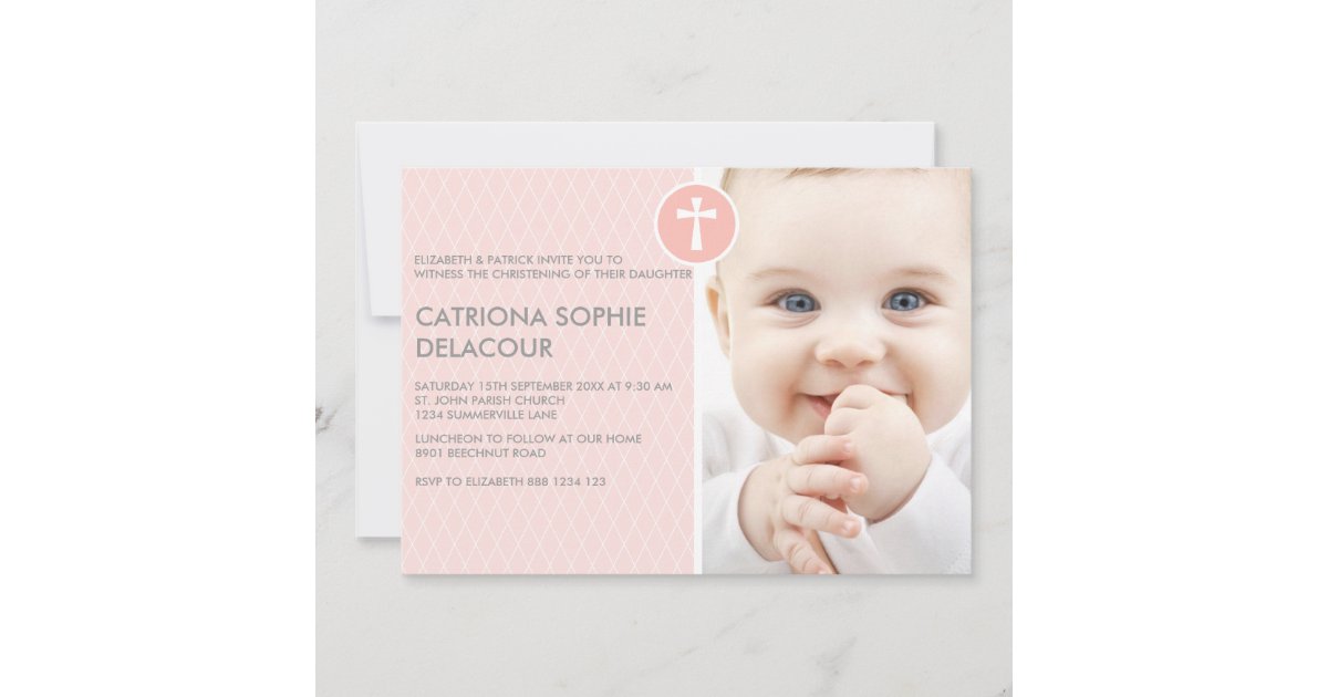 Pink Diamond Cross Photo Christening Invitation 