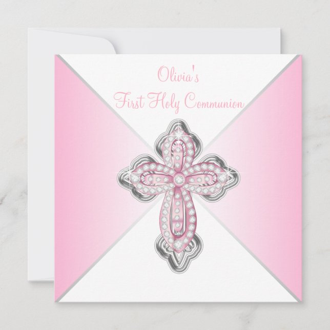Pink Diamond Cross Pink First Holy Communion Invitation (Front)