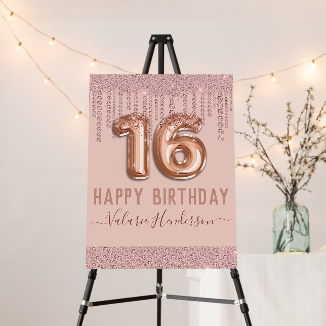 Pink Diamond Drips Happy 16th Birthday Foam Board (In Situ (Stand))