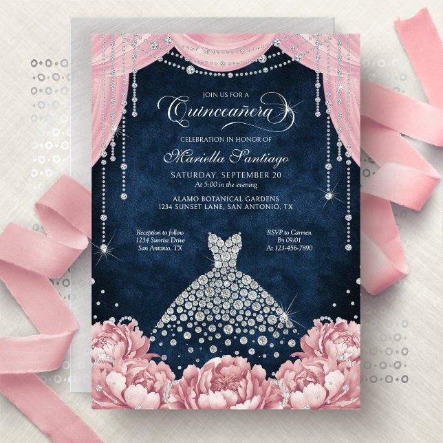 Pink Diamond Floral Quinceanera Invitation (Creator Uploaded)