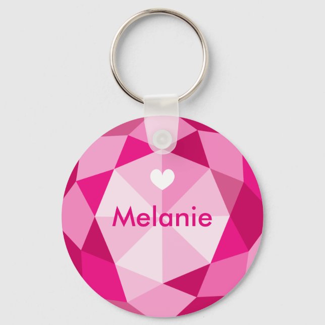 Pink diamond gem stone custom name button keychain (Front)