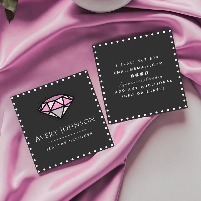 Pink Diamond Gemstone Jewelry Designer Modern Gray Square Business Card (Creator Uploaded)