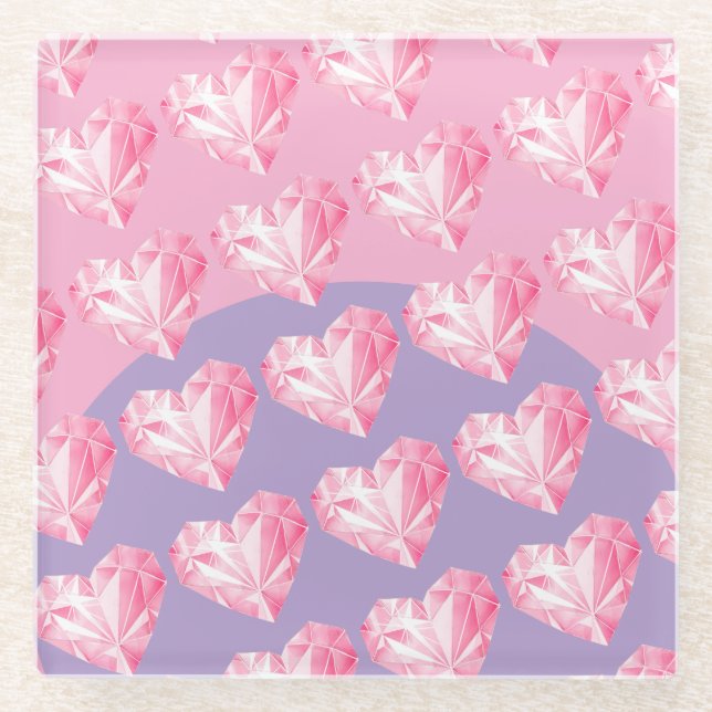 Pink Diamond Heart Pattern  – Cute & Stylish Glass Coaster (Front)