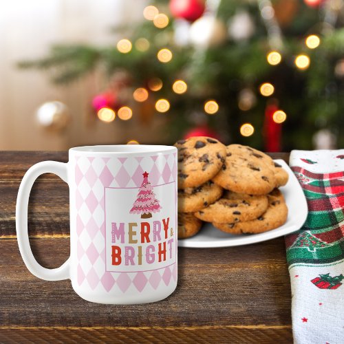 Pink Diamond Pattern Merry and Bright Coffee Mug