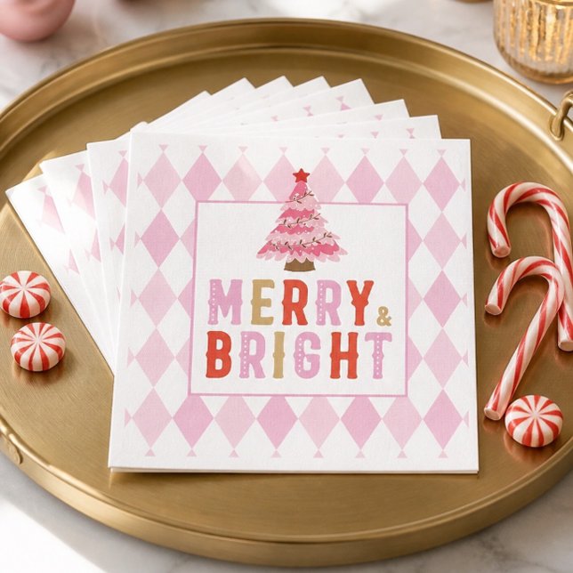 Pink Diamond Pattern Merry and Bright Napkins (Creator Uploaded)