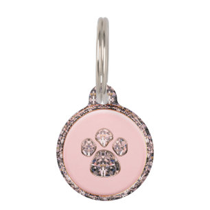 Pink Diamond Paw Print Pet ID Tag