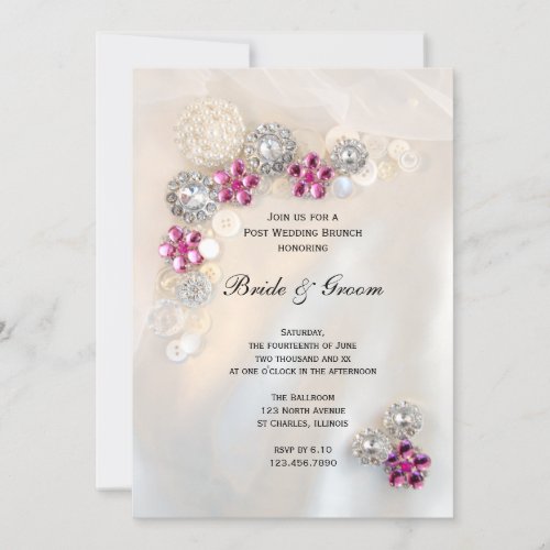 Pink Diamond Pearls Buttons Post Wedding Brunch Invitation