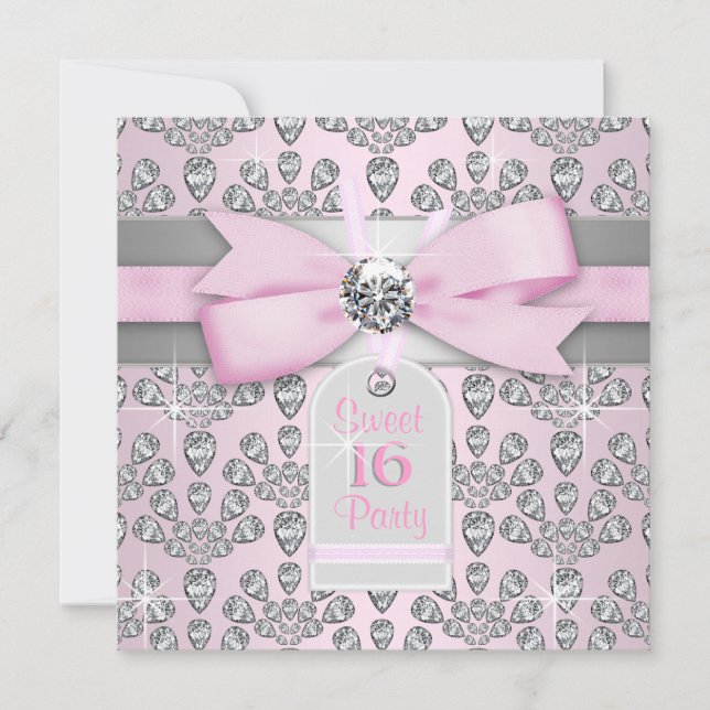Pink Diamond Pink and Gray Sweet 16 Birthday Invitation (Front)
