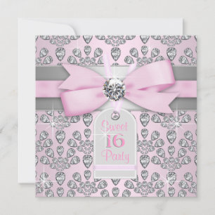 Pink Diamond Pink and Gray Sweet 16 Birthday Invitation